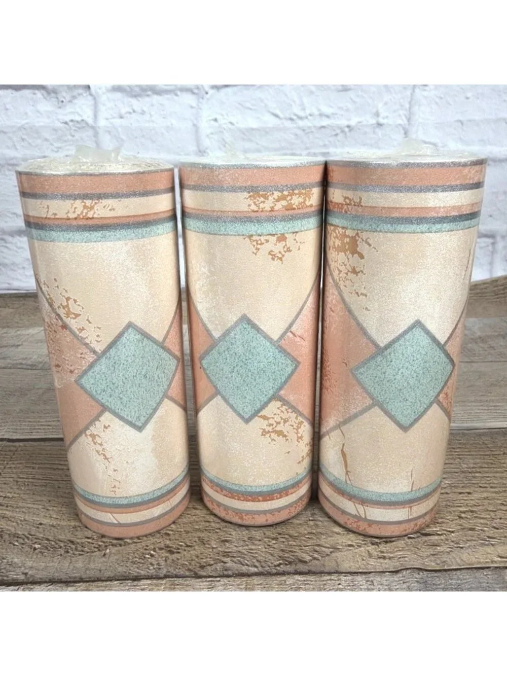 VTG Southwestern Geometric Diamond Wallpaper Border Peach Teal Art Deco 16.2 Yds